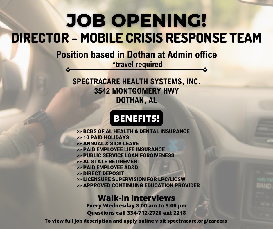 SpectraCare is hiring another Director position! Travel is required and you get great benefits. Walk-in interviews are every Wednesday! #applynow #hiring #SpectraCare #southeastalabamaworks