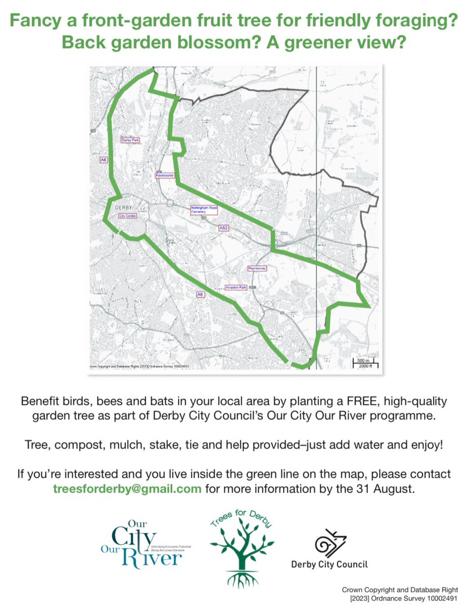 Free Trees for Gardens 💚🌳🌲🌱🪴

As part of the Our City, Our River project, residents within the river corridor (shown on the map) can apply for a free tree to plant in their garden.  To register email treesforderby@gmail.com by 31st Aug.

#TreesInCities #Derby #Derbyshire