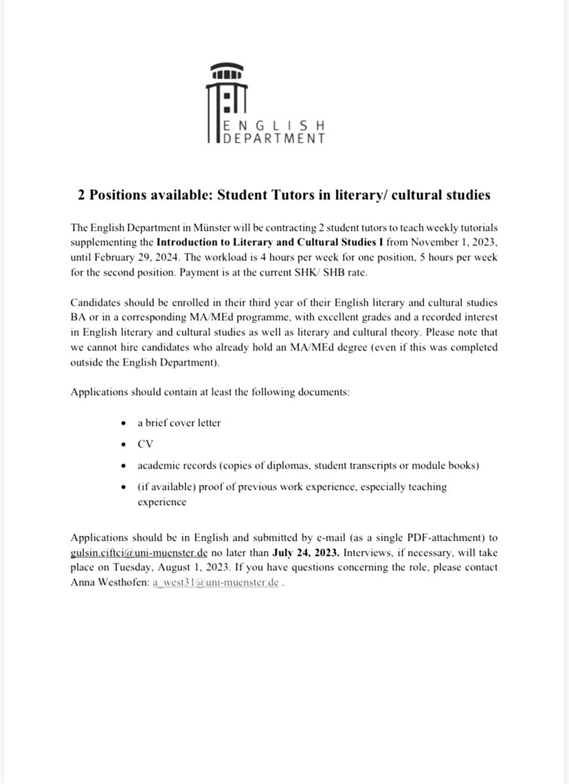 WANTED: Tutors in Literary and Cultural Studies 👇🏻