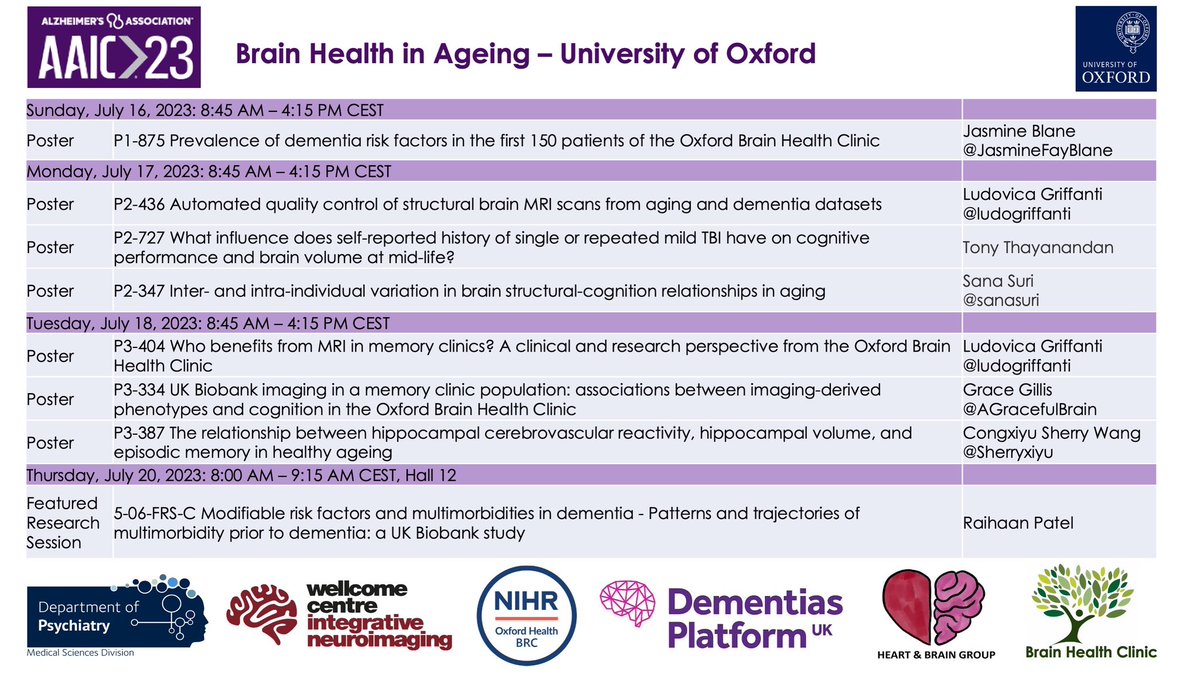 Ludovica Griffanti (@ludogriffanti) on Twitter photo From Oxford to #Amsterdam, the Brain Health in Ageing group takes on #AAIC2023 🧠
Come find us to say hi at the AIC preconference and main conference! 👋🇬🇧
<a href="/OxPsychiatry/">Oxford Psychiatry</a> <a href="/OxHealthBRC/">Oxford Health Biomedical Research Centre</a> @OxfordWIN From Oxford to #Amsterdam, the Brain Health in Ageing group takes on #AAIC2023 🧠
Come find us to say hi at the AIC preconference and main conference! 👋🇬🇧
<a href="/OxPsychiatry/">Oxford Psychiatry</a> <a href="/OxHealthBRC/">Oxford Health Biomedical Research Centre</a> @OxfordWIN