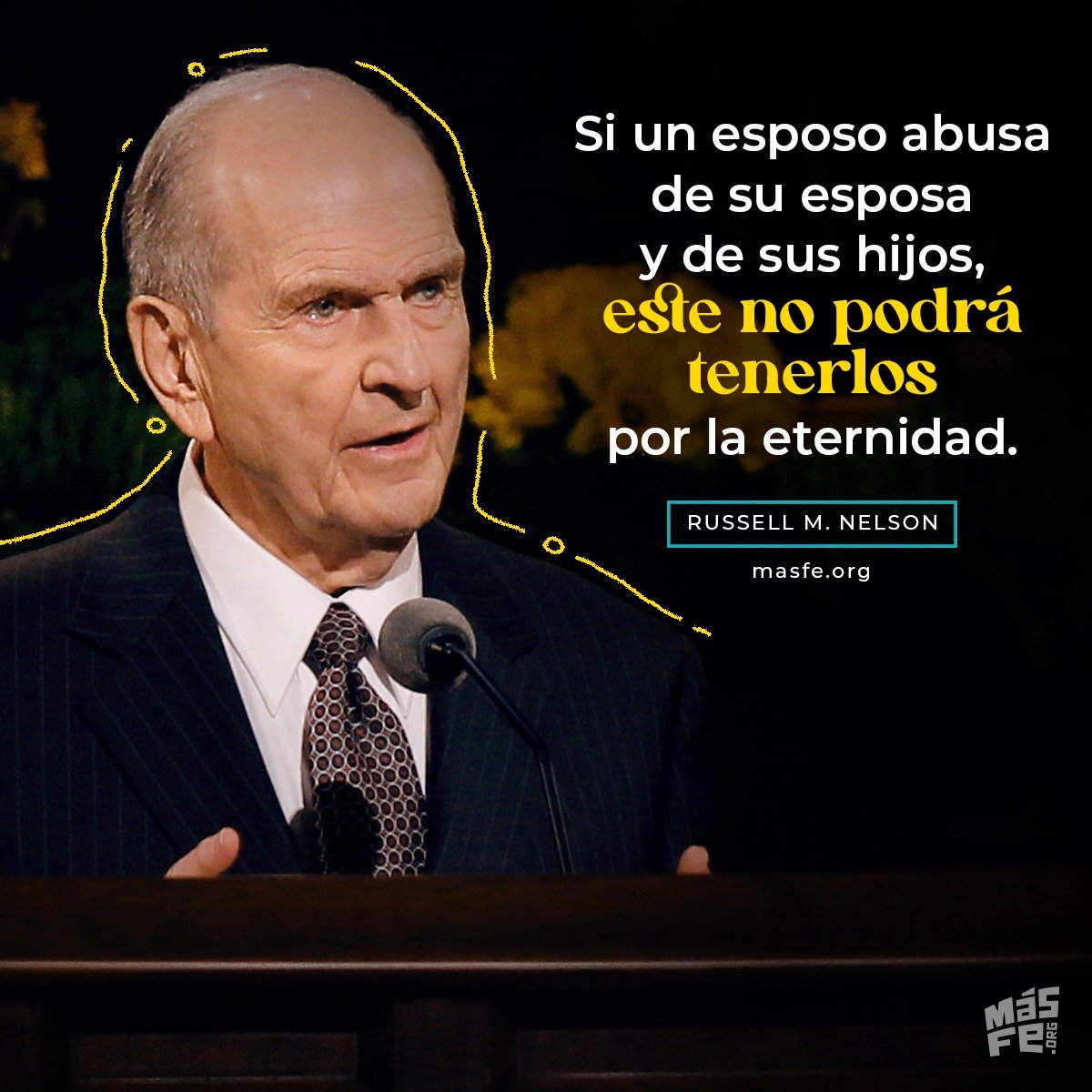 Masfe_org's tweet photo. La muerte no separa a las familias selladas en el templo. El pecado sí. Si un esposo abusa de su esposa y de sus hijos, este no podrá tenerlos por la eternidad.
- Russell M Nelson
#masfe #abusofamiliar #familiaeterna #sellamiento #profetas https://t.co/8ZREyFS3Nb