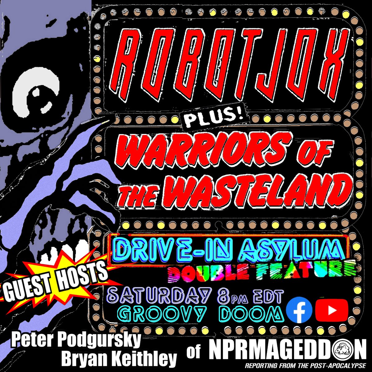 This Saturday Night 8 ET / 5 PT

The NPRmageddon creators will be joining @SamPanico from the B and S About Movies Blog and <a href="/Groovy_Doom/">Groovy Doom</a> for a live stream on 𝐑𝐨𝐛𝐨𝐭 𝐉𝐨𝐱 and 𝐖𝐚𝐫𝐫𝐢𝐨𝐫𝐬 𝐨𝐟 𝐭𝐡𝐞 𝐖𝐚𝐬𝐭𝐞𝐥𝐚𝐧𝐝!

bandsaboutmovies.com/2023/07/11/wat…
