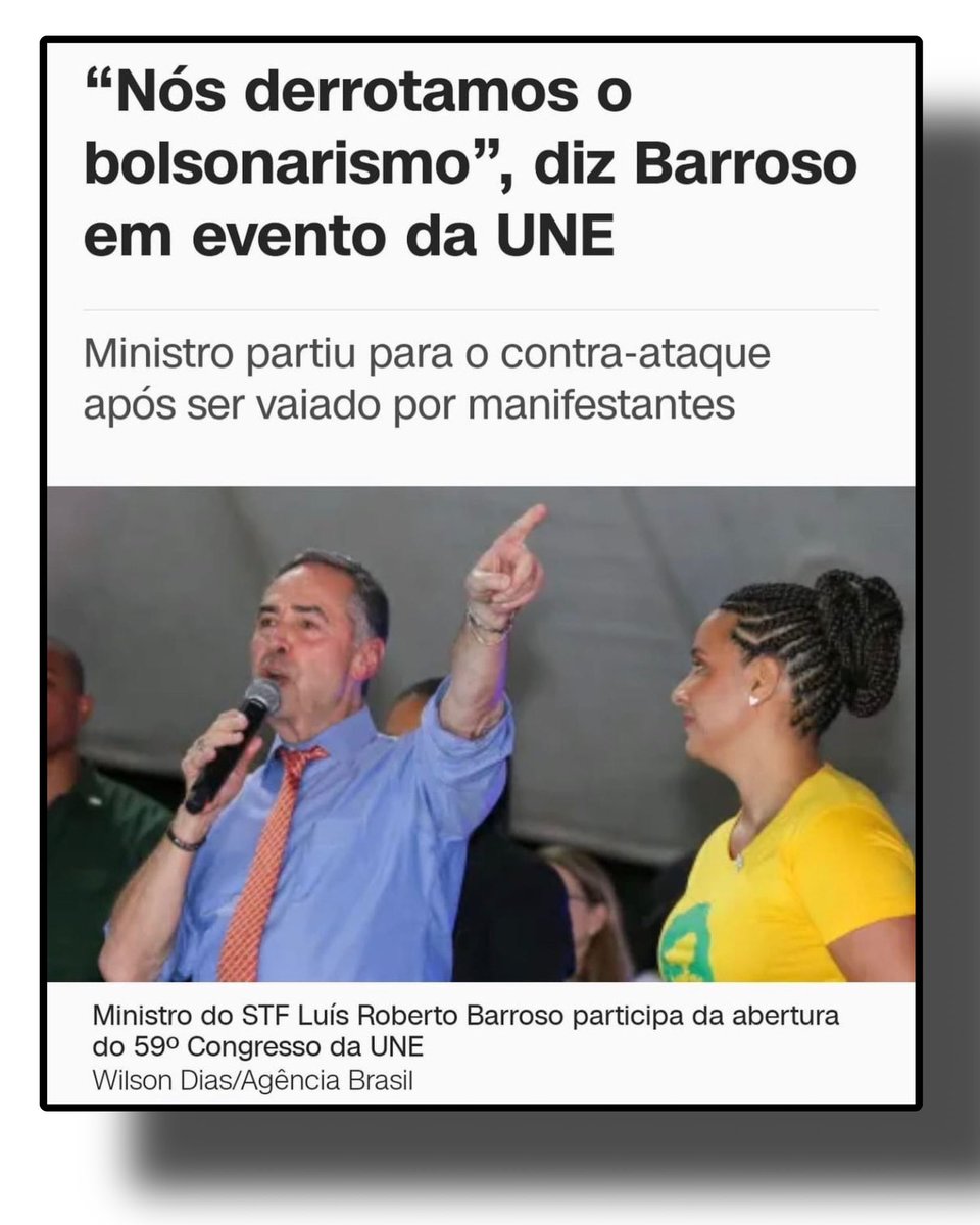 BolsonaroSP's tweet photo. "Nós derrotamos o Bolsonarismo", disse um ministro do Supremo Tribunal Federal em evento político-partidário (vedado pela Constituição) de esquerda com presença de membros do atual governo.

Importante lembrar que o ministro não está falando apenas de Jair Bolsonaro, mas de 58 milhões de brasileiros que nele votaram. É um escárnio com a justiça e com o povo brasileiro!

Numa democracia sólida esse tipo de conduta não passaria em branco. Mas estamos na era da democracia relativa, onde os "do bem" estão acima das regras do jogo e podem tudo. A fala do ministro é apenas mais uma prova de que hoje, no Brasil, a lei se resume aos desejos e interesses particulares de alguns.