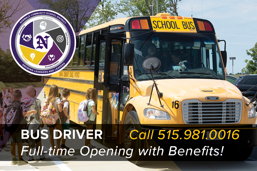 NorwalkSchools's tweet photo. JOIN OUR TEAM! Full-time bus driver opening with benefits! Call the NCSD Transportation Dept. today! 515.981.0016 🚌 #busdriversrock https://t.co/KMFkEu4P6Y