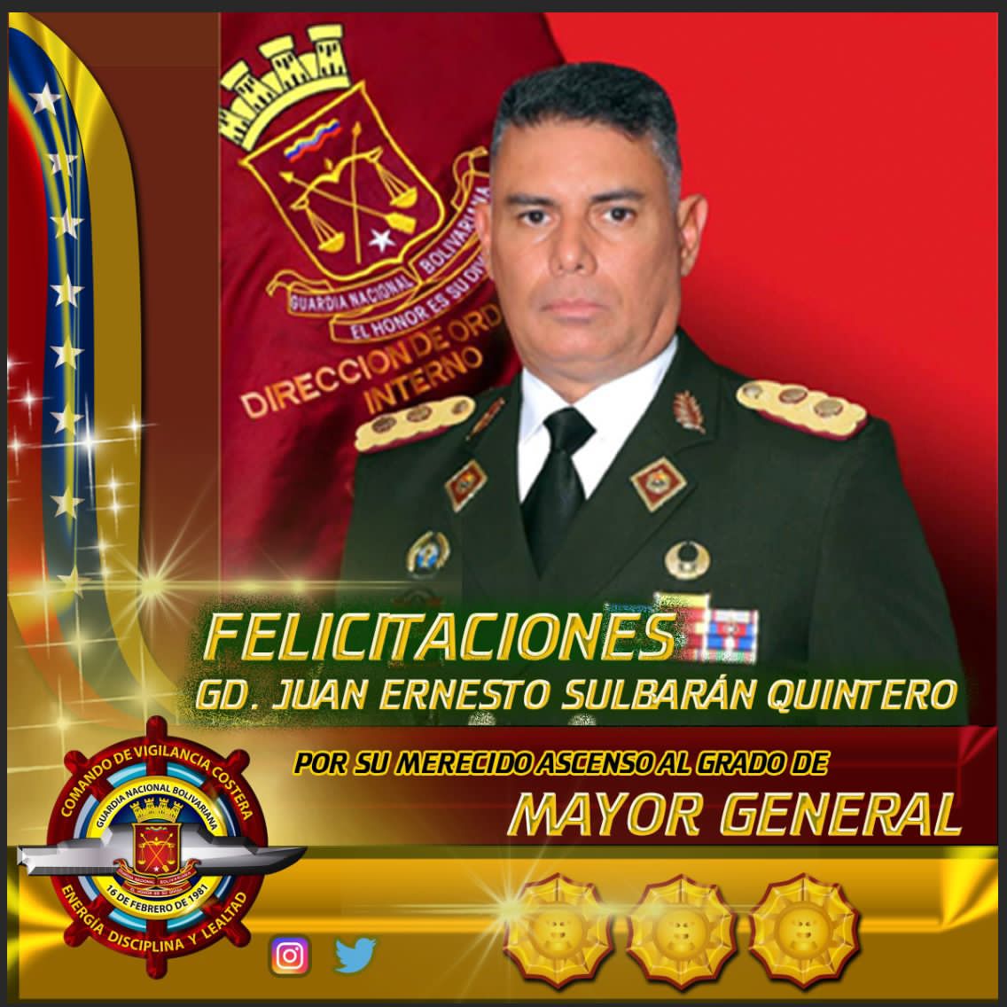 FernandezAJesus's tweet photo. Hoy me lleno de orgullo por mis compañeros y hermanos @juansulbaran10 y @nayadeLockibyVe por su merecido Ascenso a Mayores Generales de esta Patria Grande y Victoriosa.

Han sido 30 años de lucha, compromiso y lealtad.🇻🇪
¡Felicitaciones, Dios y la Virgen Chinita les bendigan! https://t.co/ZsC0PGc6Gz