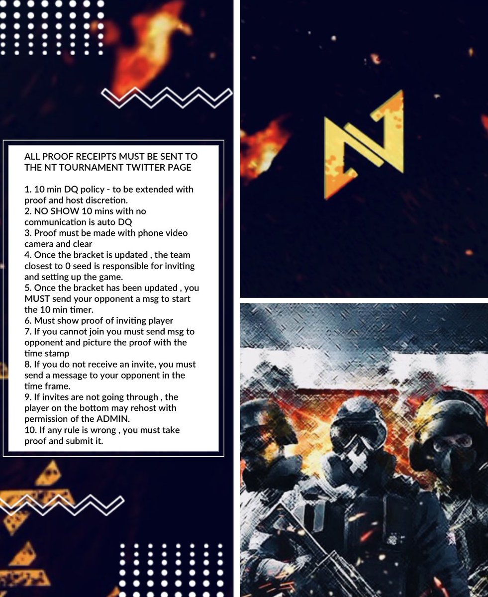 NT_Tournaments's tweet photo. R6 2v2 BO1 XB1 
6pm EST
7/14/23
5$ entry fee per team
Prize pool: ALL OR NOTHING POT 

ALL PLAYERS ARE REQUIRED TO KEEP UP TO DATE ON TWITTER FOR UPDATES AND BRACKET.

MATCH RULES BELOW

#RainbowSixSiege #siege @Retweelgend @ShoutGamers https://t.co/9QEgodsGcE