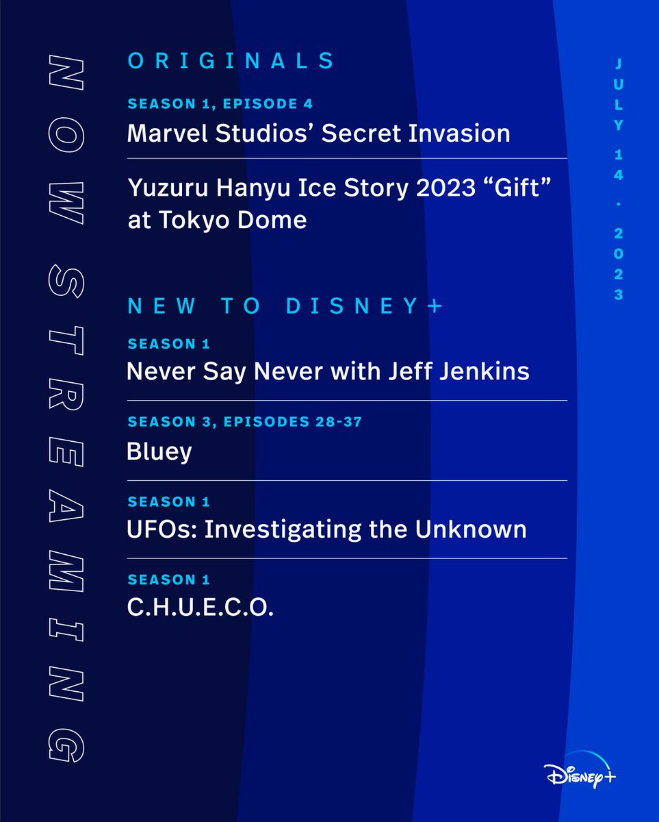 This week’s theme? Adventure!

Stream #NeverSayNever with Jeff Jenkins, Marvel Studios’ #SecretInvasion, new episodes of Bluey, and so much more on #DisneyPlus! #NowOnDisneyPlus