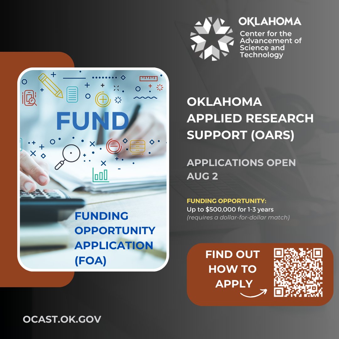 OCAST's tweet photo. ๐ฐ Funding Alert: OCAST Funding Opportunity Application (FOA) Opens Aug 2! ๐ฐ
We have Oklahoma Applied Research Support (OARS) Industry Innovation Initiative and Intern Partnership programs funding opportunities
#OCAST #FundingOpportunity #Innovation #Research #Entrepreneurship https://t.co/zXm3DLdDCg