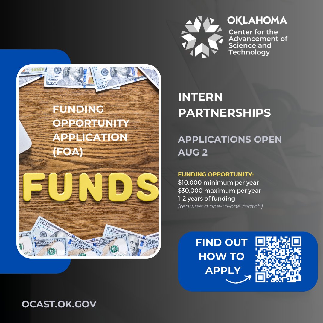 OCAST's tweet photo. ๐ฐ Funding Alert: OCAST Funding Opportunity Application (FOA) Opens Aug 2! ๐ฐ
We have Oklahoma Applied Research Support (OARS) Industry Innovation Initiative and Intern Partnership programs funding opportunities
#OCAST #FundingOpportunity #Innovation #Research #Entrepreneurship https://t.co/zXm3DLdDCg