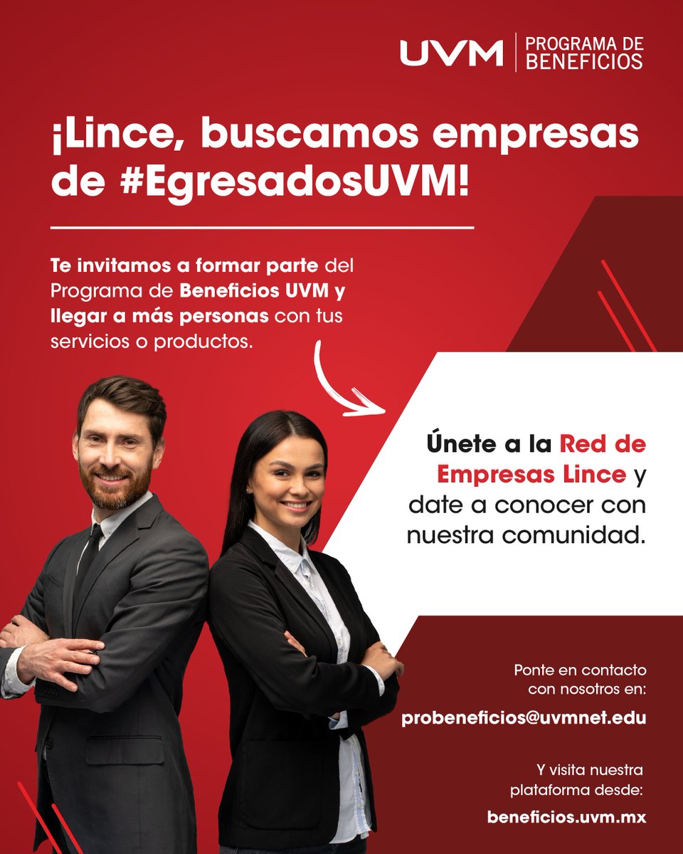 UVMMEXICO's tweet photo. #EgresadosUVM ¡Forma parte de la Red de Empresas Lince!
Más Información: 👉 probeneficios@uvmnet.edu https://t.co/QF4ss8tkt8