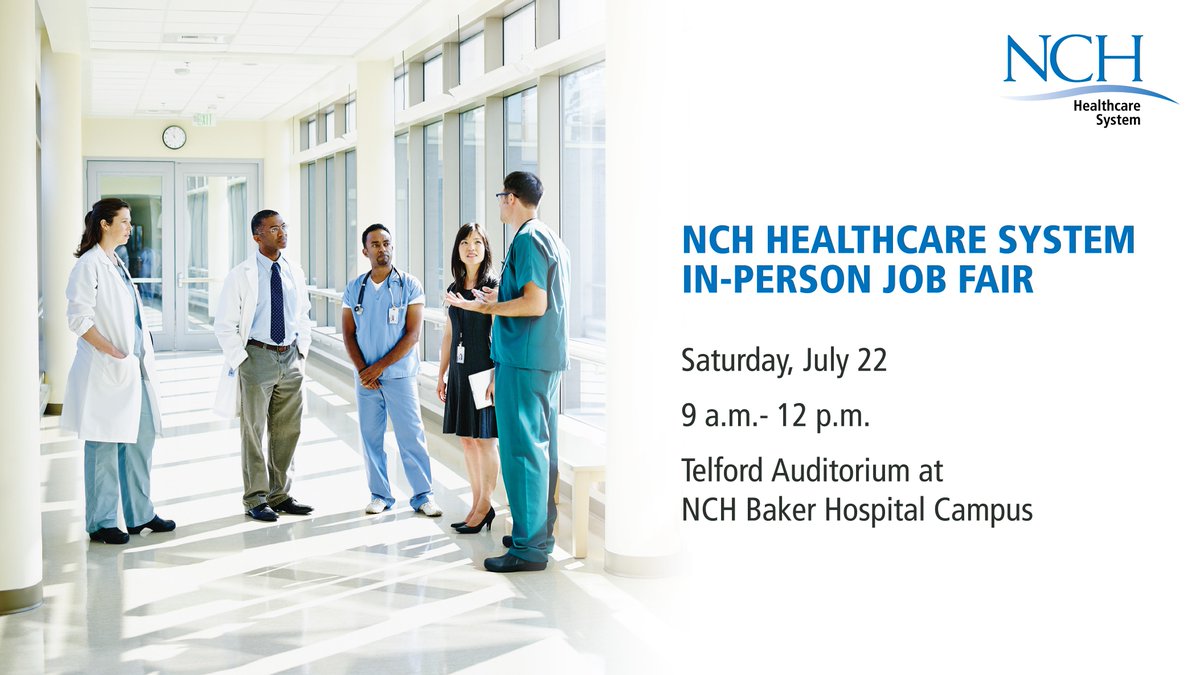 NCH is hosting a #JobFair and you’re invited! 

Join us Saturday, July 22 from 9 a.m. -12 p.m. at the Telford Auditorium on the NCH Baker Hospital Campus located at 350 7th Street North in Naples. 

RSVP today by clicking here -&gt; bit.ly/3PPcmvi

#healthcarecareers