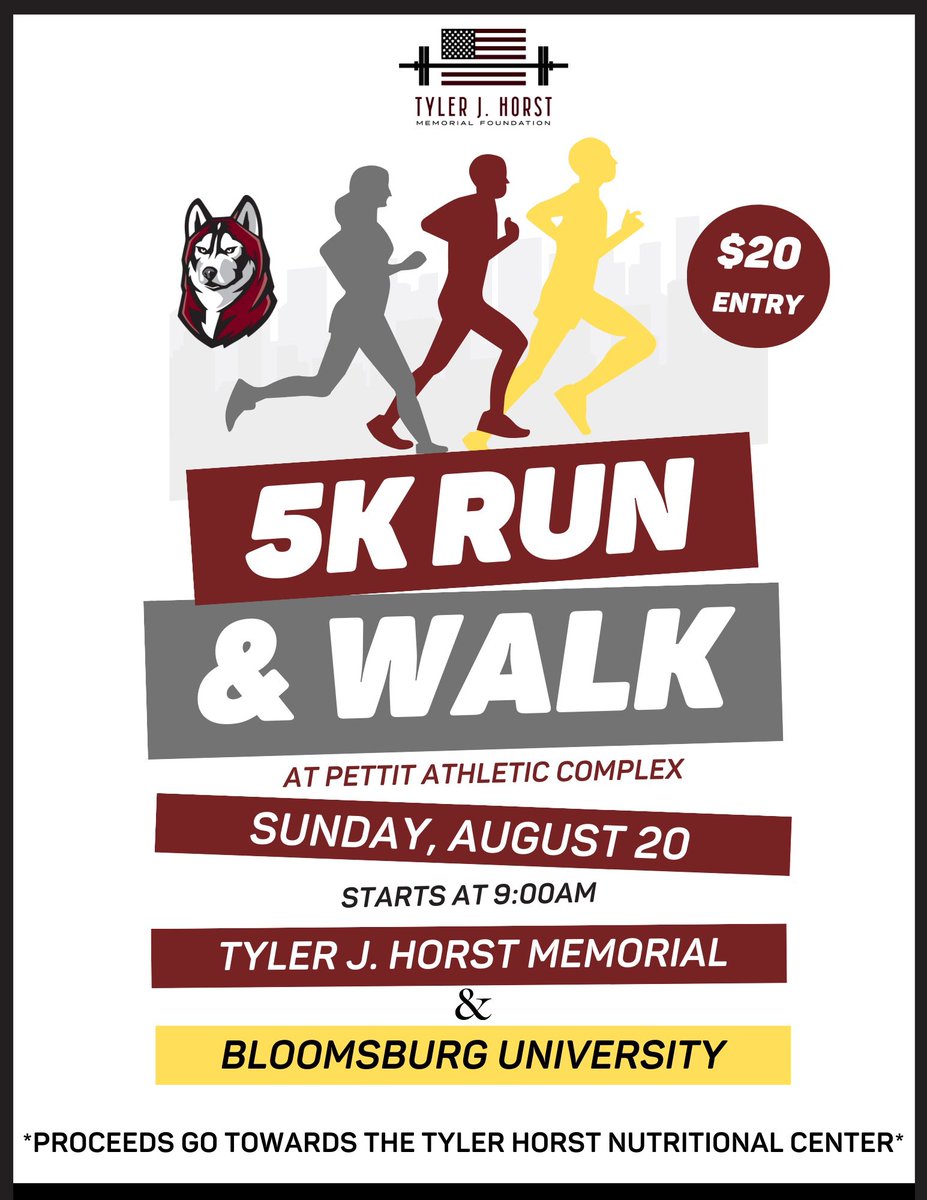 TJHMemorial's tweet photo. The Tyler J. Horst 5K Run & 1-Mile Walk is available to everyone!! Anyone is able to participate for the fee of $20.
There will be trophies for participants and sports teams! We look forward to seeing you on August 20th!โญ๏ธ #GoHuskies #ForTyler https://t.co/UiSCuhNNS6