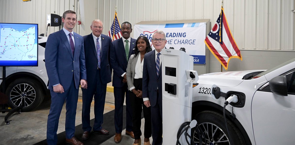 GovMikeDeWine's tweet photo. Ohio is leading the charge! Today, we became the first state in the nation to announce locations of new electric vehicle charging stations that will be installed as part of the National Electric Vehicle Infrastructure Program. https://t.co/16HeLn6vg2 https://t.co/etW8HR3PHH