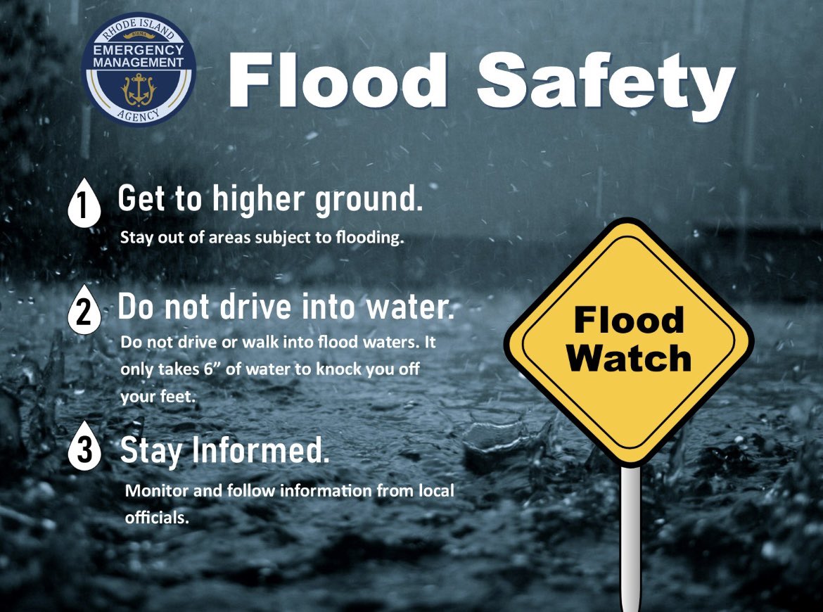 RhodeIslandEMA's tweet image. ‼️Rhode Island is under a flood watch‼️Remember: Find shelter, avoid traveling once rain and wind starts, follow advice of local officials, and evacuate if told to do so. Never walk or drive through flood waters!

#TurnAroundDontDrown #BeSafe #BePrepared #FloodWatch