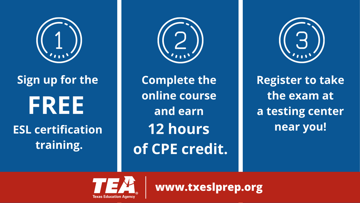 Texas Education Agency (@teainfo) on Twitter photo Attention Texas teachers! TEA has a FREE online course to help you prepare for the English as a Second Language (ESL) supplemental 154 exam.
Sign up today and get started on your way to becoming an ESL-certified teacher.
txeslprep.org Attention Texas teachers! TEA has a FREE online course to help you prepare for the English as a Second Language (ESL) supplemental 154 exam.
Sign up today and get started on your way to becoming an ESL-certified teacher.
txeslprep.org