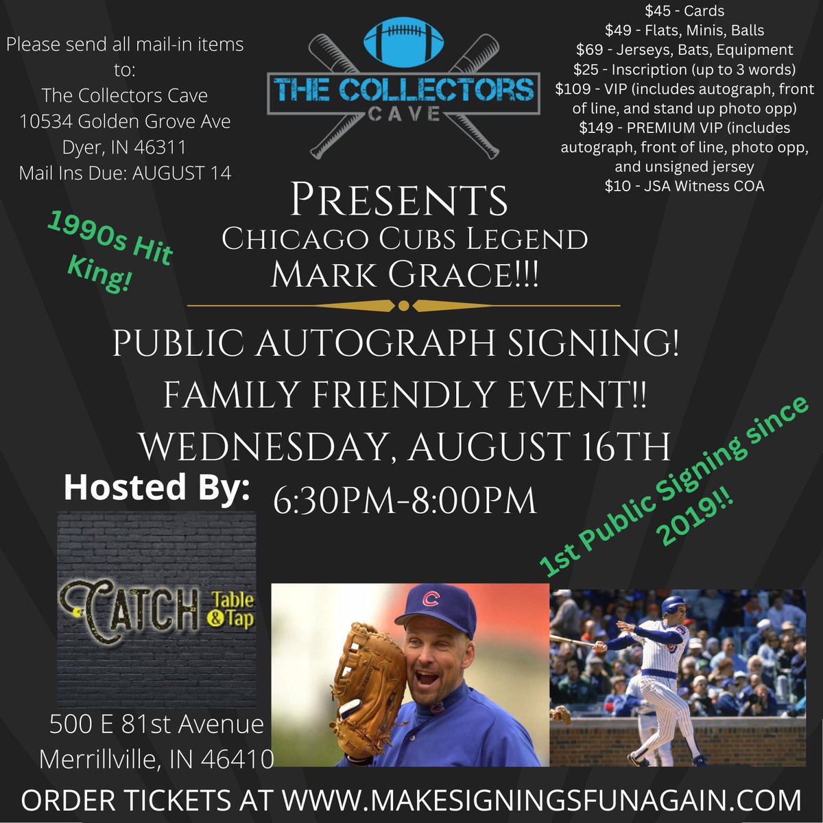 CollectorCave's tweet image. The Collectors Cave is proud to present the 1990s Hit King and Chicago Cub LEGEND Mark Grace at @catch22nwi. This is Mark's first public signing since 2019, and we're pretty sure his FIRST in Indiana! Tickets available now at makesigningsfunagain.com #Cubs #cubsfans