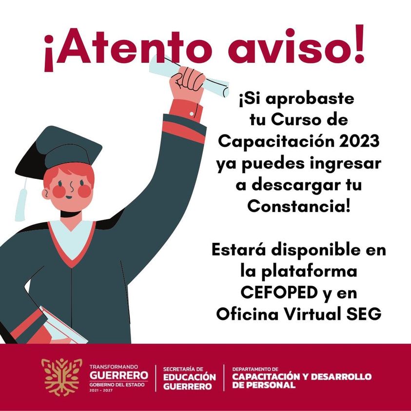 EducGuerrero's tweet photo. 📲📣#QueNoSeTePase| Si eres #PAAEB y participas en Carrera Administrativa ya puedes descargar tu constancia del Curso de Capacitación 2023.
Hazlo desde la plataforma de #CEFOPED.
Tienes hasta el 📅 19 de julio para descargarla. ¡Corre la voz! https://t.co/LyTirqusxv