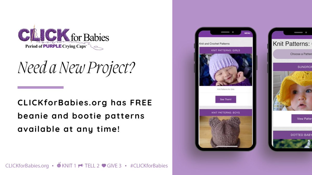 Wanting to start a new craft? Consider knitting or crocheting baby booties and caps for our #CLICKforBabies campaign. We have several adorable FREE patterns available that can help inspire your next project!

Find the patterns at the link below: clickforbabies.org/knit1/