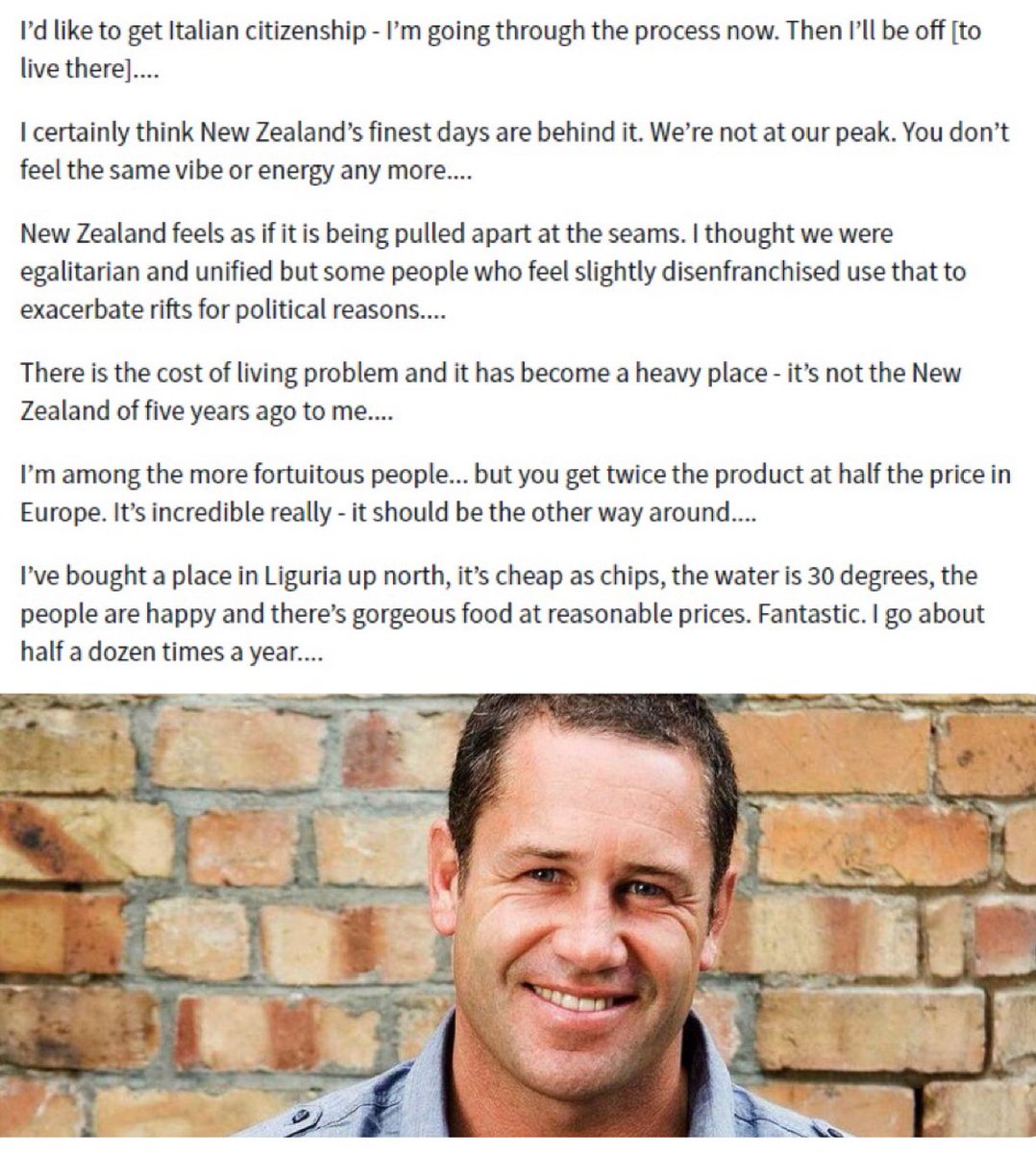 TheZeitgeistNZ's tweet photo. Kiwi sporting legend and cultural icon Marc Ellis says he’s leaving New Zealand to live in Italy, citing the same malaise that many Kiwis are feeling after five years of Labour government… https://t.co/ZIAkhOVhCe