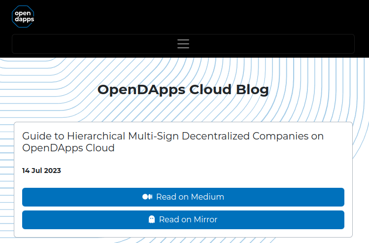 cfr_labs's tweet photo. The latest blog post is uploaded to our website as well. 
If you missed this week's blog post it is about hierarchical multi-sign companies on #OpenDApps Cloud.
You can access it through our website or directly using the links below our tweet:
https://t.co/fBRAsc0qSa https://t.co/lSo0jUjH6M