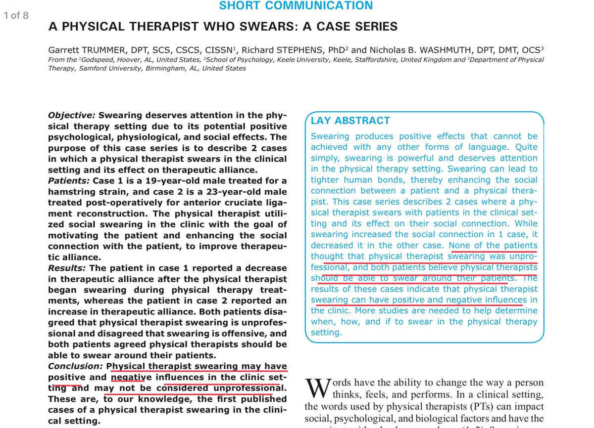 Still an interesting topic, I choose not to swear and this has a lot to do with my upbringing and the strict college I attended for training. 

My wife dislikes swearing with a passion.

A PHYSICAL THERAPIST WHO SWEARS: A CASE SERIES

ncbi.nlm.nih.gov/pmc/articles/P…