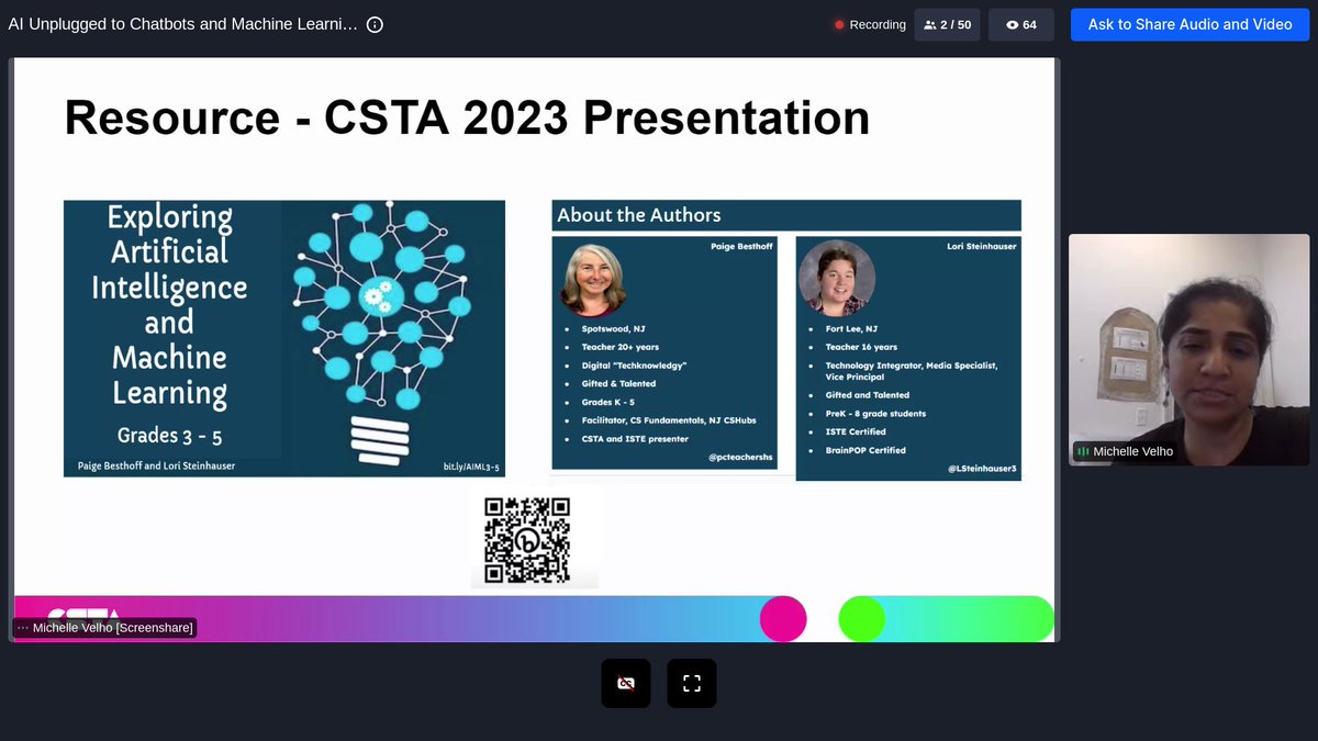 LSteinhauser3's tweet photo. AI - Unplugged to Chatbots and Machine Learning
Thank you Michelle Velho for your positive words and endorsement of our poster presentation. #CSTA2023 @pcteachershs @csteachersorg @Cs4Nj @CSTANewJersey https://t.co/vZTrGT10Ez