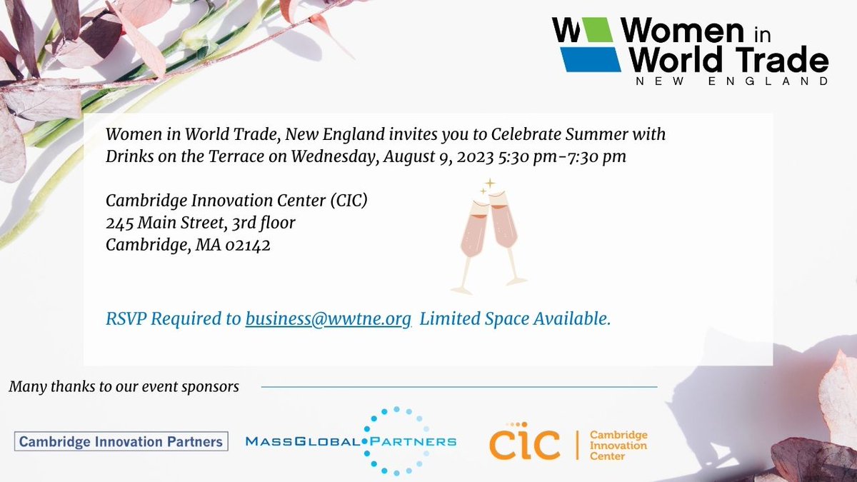 Join Women in World Trade, New England on August 9 for a summer networking evening! Our "Drinks on the Terrace" event is complimentary, but pre-registration is required for entry and space is limited. Please send name &amp; contact details to business@wwtne.org. See you next month!☀️