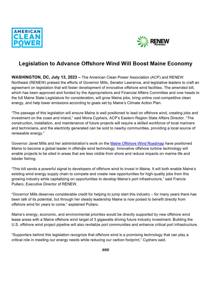 RENEW Northeast (@renew_ne) on Twitter photo RENEW praises agreement on Maine #offshorewind legislation, LD 1895, with its benefits for reducing emissions and growing clean energy jobs.
<a href="/GovJanetMills/">Governor Janet Mills</a> <a href="/Maine_PUC/">Maine Public Utilities Commission</a> <a href="/BOEM/">Bureau of Ocean Energy Management</a> <a href="/USCleanPower/">American Clean Power (ACP)</a> RENEW praises agreement on Maine #offshorewind legislation, LD 1895, with its benefits for reducing emissions and growing clean energy jobs.
<a href="/GovJanetMills/">Governor Janet Mills</a> <a href="/Maine_PUC/">Maine Public Utilities Commission</a> <a href="/BOEM/">Bureau of Ocean Energy Management</a> <a href="/USCleanPower/">American Clean Power (ACP)</a>