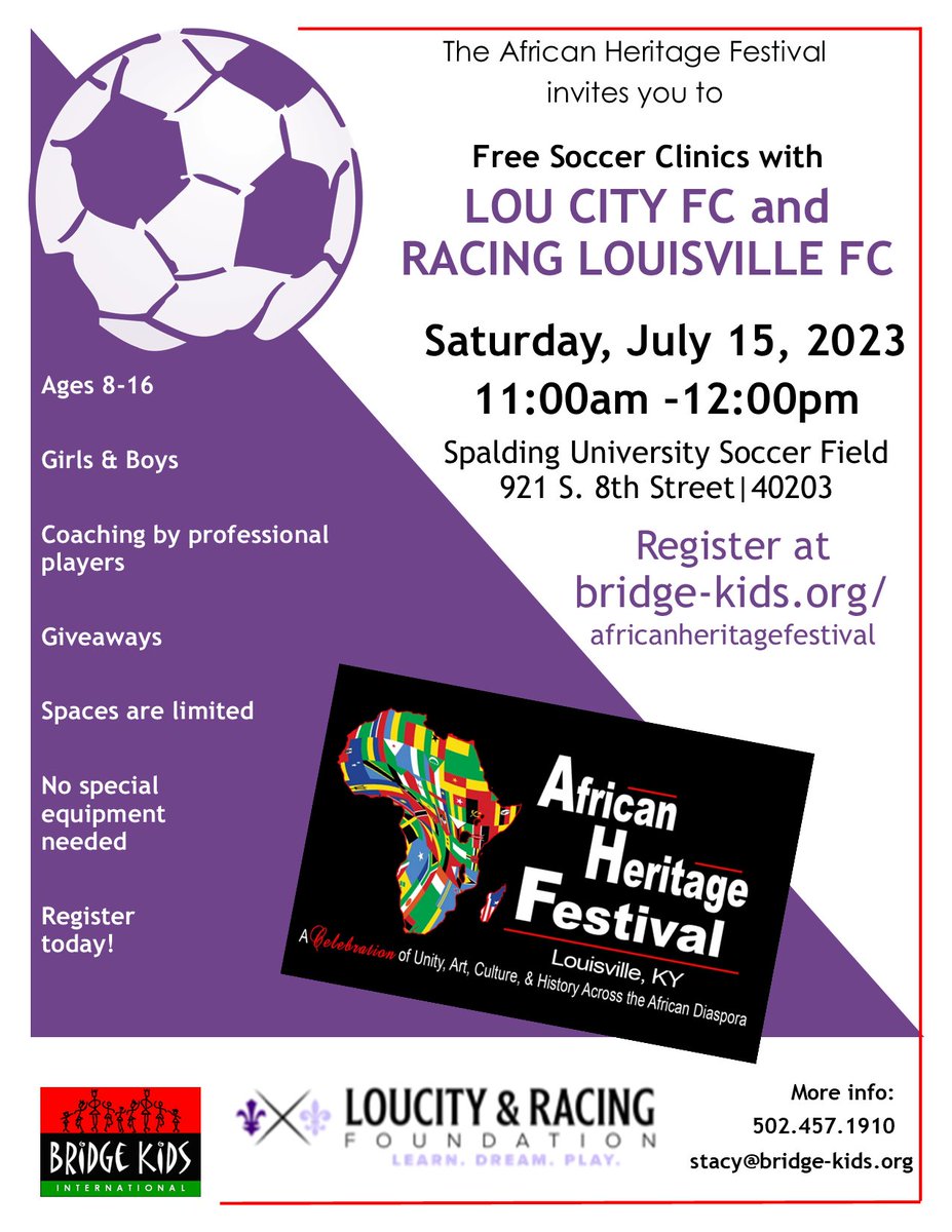 Come see us at the African Heritage Festival this Saturday! 

We'll be hosting a free clinic from 11 a.m. to 12 p.m. at Spalding University's soccer field. Registration is still open: bit.ly/3PTZSma