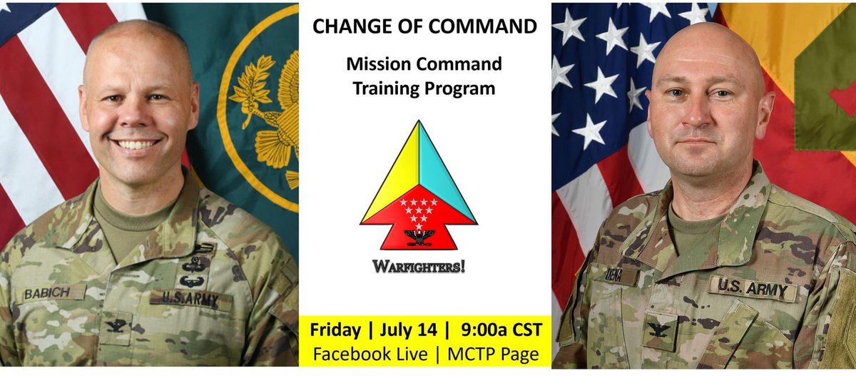 Mission Command Training Program (@usarmymctp) on Twitter photo Tomorrow at 9:00a (CST), <a href="/USARMYMCTP/">Mission Command Training Program</a> bids farewell to Col. Bryan Babich and welcome incoming commander, Col. Richard Ikena Jr., in a change of command ceremony at <a href="/FortLeavenworth/">Fort Leavenworth</a>. It'll also be live streamed on our FB page: facebook.com/MissionCommand…
Tune in,
#Warfighters! Tomorrow at 9:00a (CST), <a href="/USARMYMCTP/">Mission Command Training Program</a> bids farewell to Col. Bryan Babich and welcome incoming commander, Col. Richard Ikena Jr., in a change of command ceremony at <a href="/FortLeavenworth/">Fort Leavenworth</a>. It'll also be live streamed on our FB page: facebook.com/MissionCommand…
Tune in,
#Warfighters!