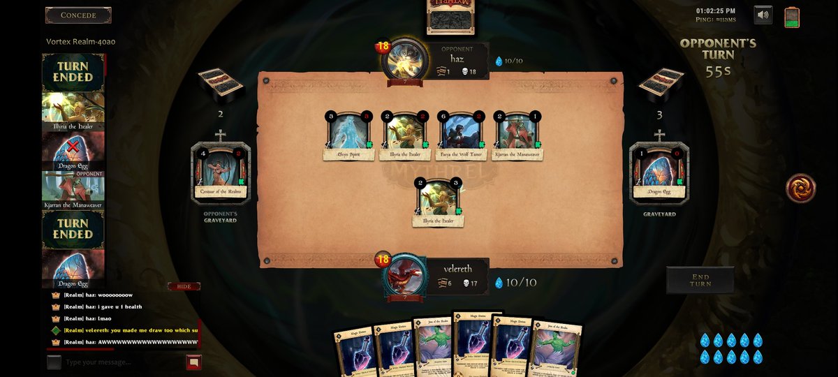 Velereth's tweet photo. Close match with @I_Can_Haz  Their Tome of Myths put me in a tough spot and I was going to deck out if I played anything from my hand. Any card in Mythrel can turn the game around for you if used right #Mythrel #MythrelTCG @mythreltcg #TCG #TradingCardGame https://t.co/nOVVbjRIXN