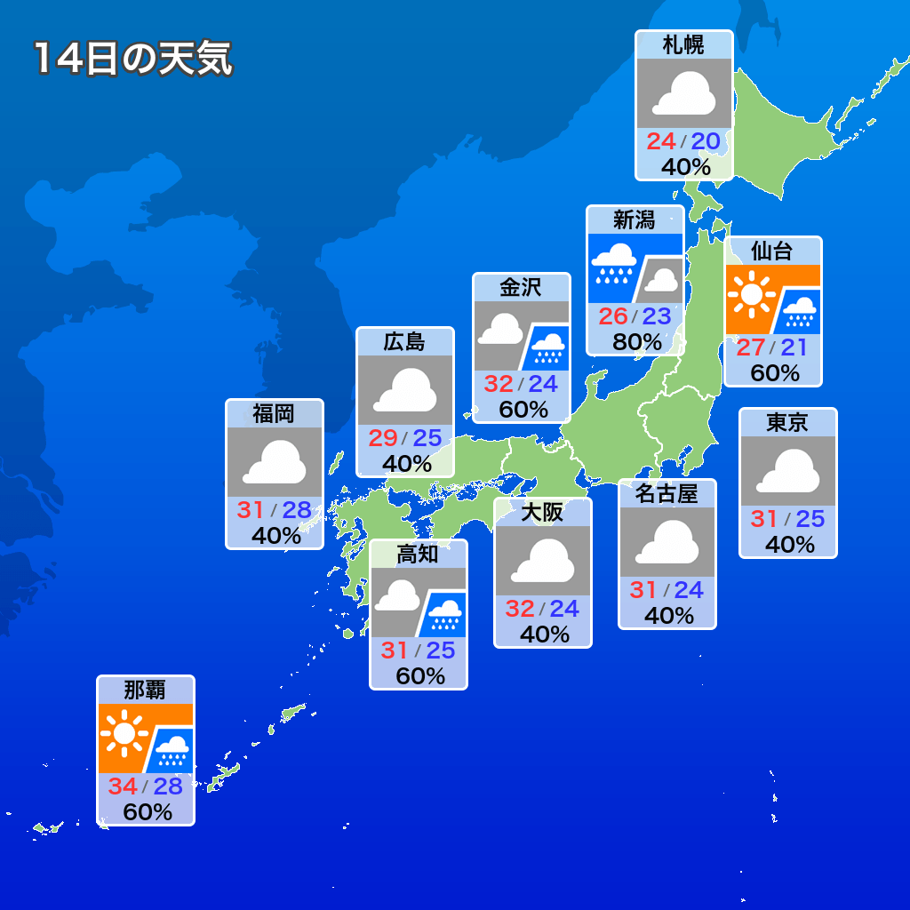 weather_ufbot's tweet photo. 本日7月14日の天気情報です。 https://t.co/Ew5FIs2OU6