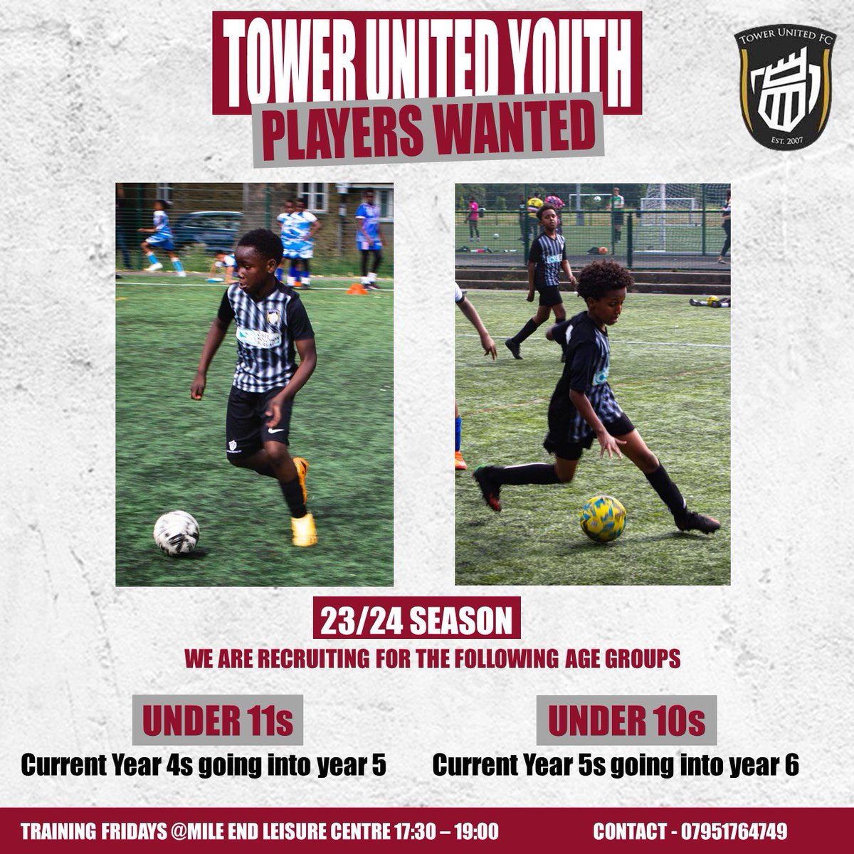 TowerUtdFC's tweet photo. 🚨 Calling all young football enthusiasts! 

⚽️ Tower United Youth is on the lookout for talented players to join our team! ⚽️
🌟 Are you ready to showcase your skills and be a part of a winning squad? 🌟
 
Contact us on the number on the leaflet 
#YouthFootball #FootballTrials https://t.co/fAZtMCMzwd