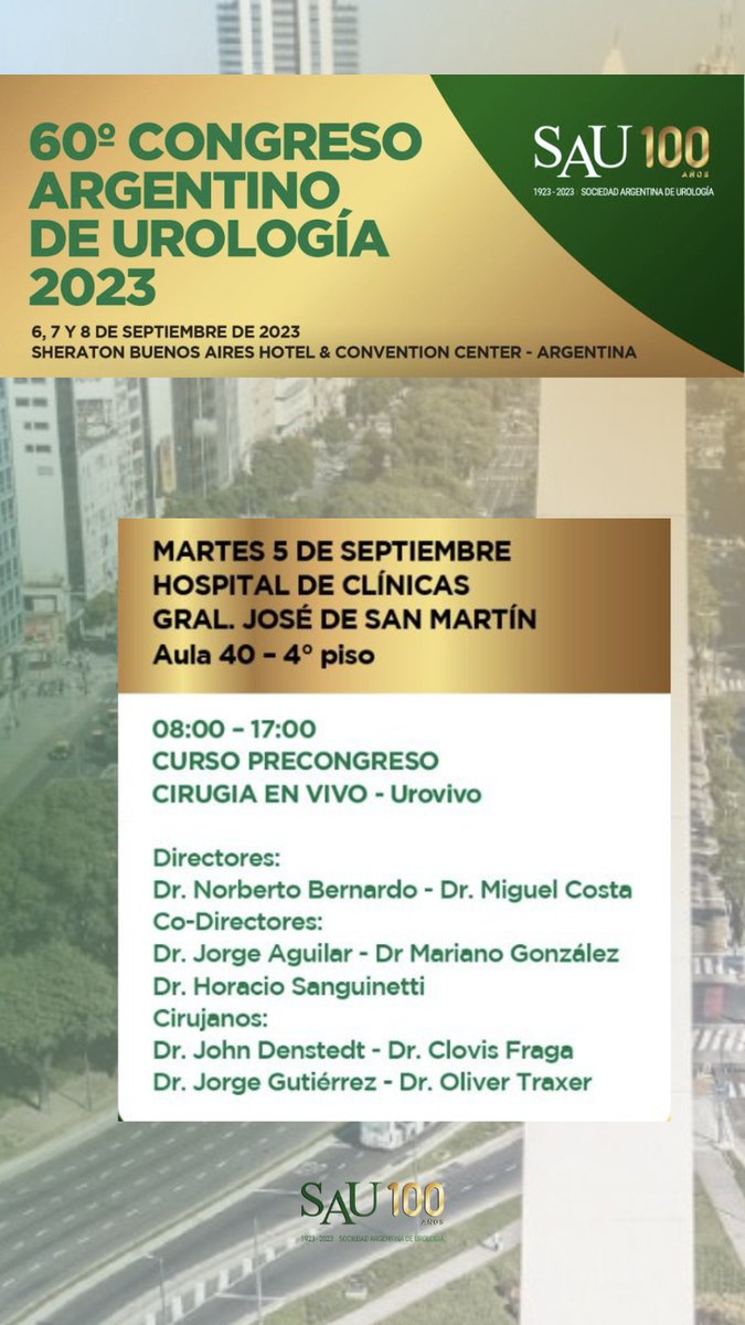 ✅60° CONGRESO ARGENTINO DE UROLOGIA 2023🇦🇷✅

📌Los esperamos!
<a href="/Uroweb/">European Association of Urology (EAU)</a>
@EndoSociety
<a href="/SIU_urology/">SIU-Urology</a>
<a href="/AFUrologie/">Association Française d'Urologie - AFU</a>
<a href="/UrologosUruguay/">Urología Uruguaya</a>
<a href="/smumexico/">SMU México</a>
<a href="/CAU_URO/">Confederación Americana de Urología (CAU)</a>
<a href="/spuurologia/">Sociedad Peruana de Urología</a>
<a href="/InfoAeu/">AEU</a>
<a href="/BernardoNor9/">Norberto Bernardo</a>
<a href="/DrJohnDenstedt/">John Denstedt</a>
<a href="/OTRAXER/">Olivier Traxer</a>
<a href="/ClovisFraga/">Clovis Fraga Tenório Pereira</a>
<a href="/hsanguinetti/">Horacio Sanguinetti</a> 
<a href="/MSGONZALEZURO/">Mariano Sebastian Gonzalez</a>