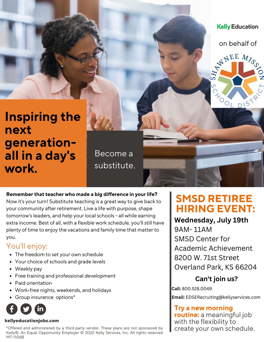 Join us next week, on Wednesday, July 19th  for a hiring event at the Center for Academic Achievement. We're looking for compassionate, motivated, and passionate substitute teachers to join our team! #OneShawneeMission