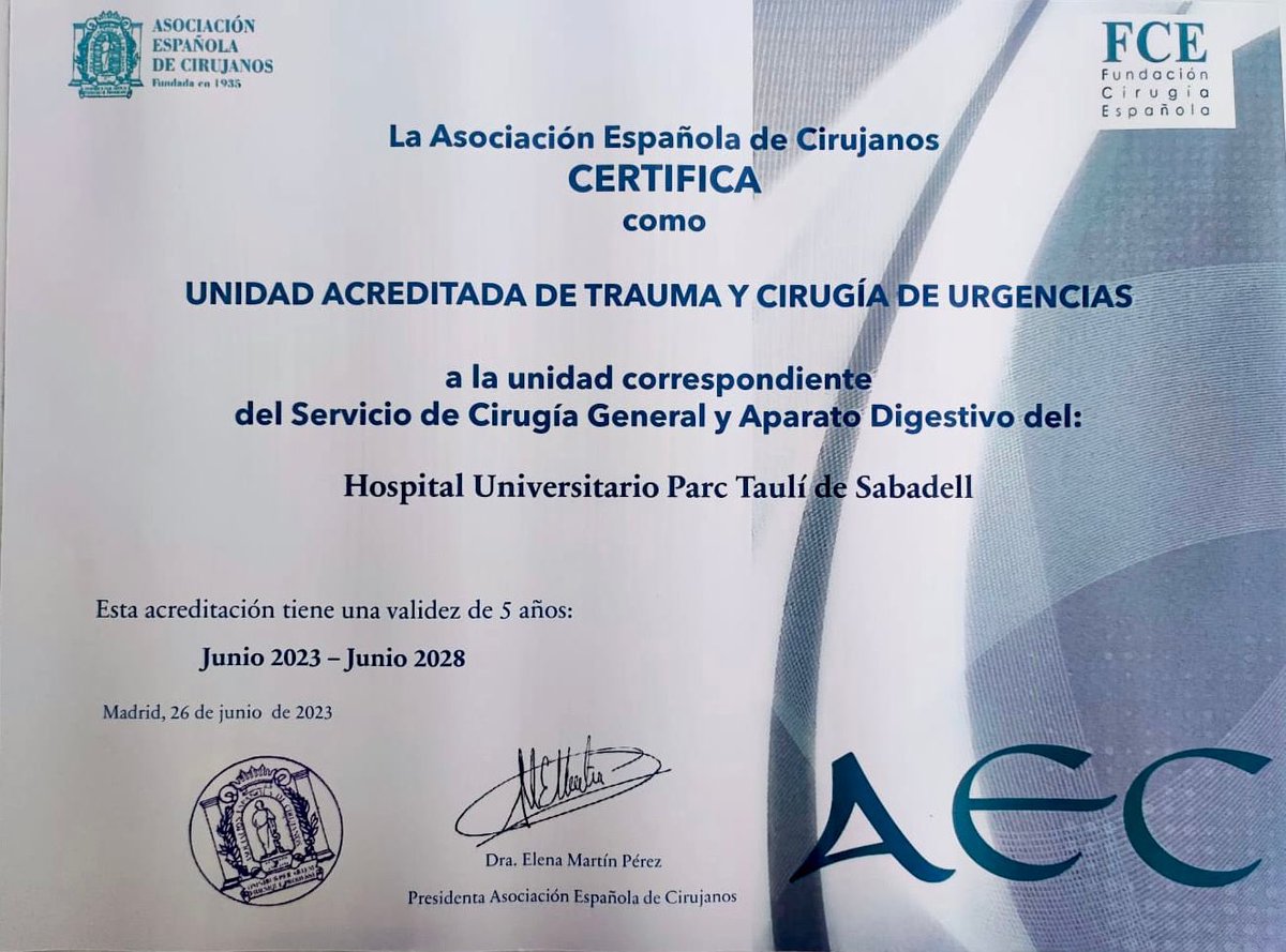 Cirurgia General - Parc Taulí (@taulisurgery) on Twitter photo Ens enorgulleix compartir que la nostra Unitat de Cirurgia d’Urgències ha rebut l’acreditació de l’Asociación Española de Cirujanos <a href="/aecirujanos/">aecirujanos</a> <a href="/StcuaeC/">AECUrg</a> <a href="/WomenSurgeons/">WomenSurgeons</a> <a href="/parctauli/">Consorci Corporació Sanitària Parc Taulí</a> <a href="/urgencies_tauli/">Servei d’Urgències Parc Taulí</a> <a href="/PolitraumaTauli/">Atenció al Pacient Politraumàtic Parc Taulí</a> <a href="/andreacamposMD/">Andrea Campos</a> Ens enorgulleix compartir que la nostra Unitat de Cirurgia d’Urgències ha rebut l’acreditació de l’Asociación Española de Cirujanos <a href="/aecirujanos/">aecirujanos</a> <a href="/StcuaeC/">AECUrg</a> <a href="/WomenSurgeons/">WomenSurgeons</a> <a href="/parctauli/">Consorci Corporació Sanitària Parc Taulí</a> <a href="/urgencies_tauli/">Servei d’Urgències Parc Taulí</a> <a href="/PolitraumaTauli/">Atenció al Pacient Politraumàtic Parc Taulí</a> <a href="/andreacamposMD/">Andrea Campos</a>
