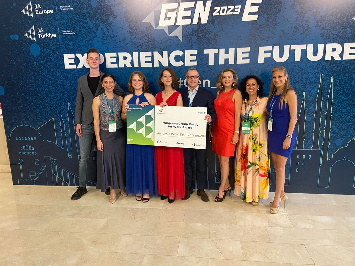 StefanoScabbio's tweet photo. Tonight I announced that our @ManpowerGroup #ReadyForWork Award in JA Europe #Gen_E competition goes to #AnOpenBook, The Netherlands Team! Congrats Gerben de Man, Sophia Plate, Sidney Rosmolen for your idea of book holders that enhance everyone’s reading experience. https://t.co/gQ7IVLQBX8