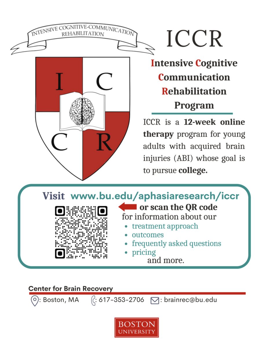 Take a look at the poster below to learn more about the ICCR, a 12-week online therapy program for young adults with acquired brain injuries (ABI) that operates via the BU @AphasiaLab.

Click here for more information: https://t.co/5v8swrXiQK https://t.co/GjouijHRb1