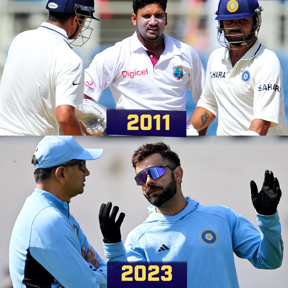 2011 tour of West Indies - #ViratKohli made his Test debut for India and #RahulDravid was a senior pro. 2023 tour of West Indies - Rahul Dravid is the head coach of India and Virat Kohli is a senior member of the team. #INDvsWI