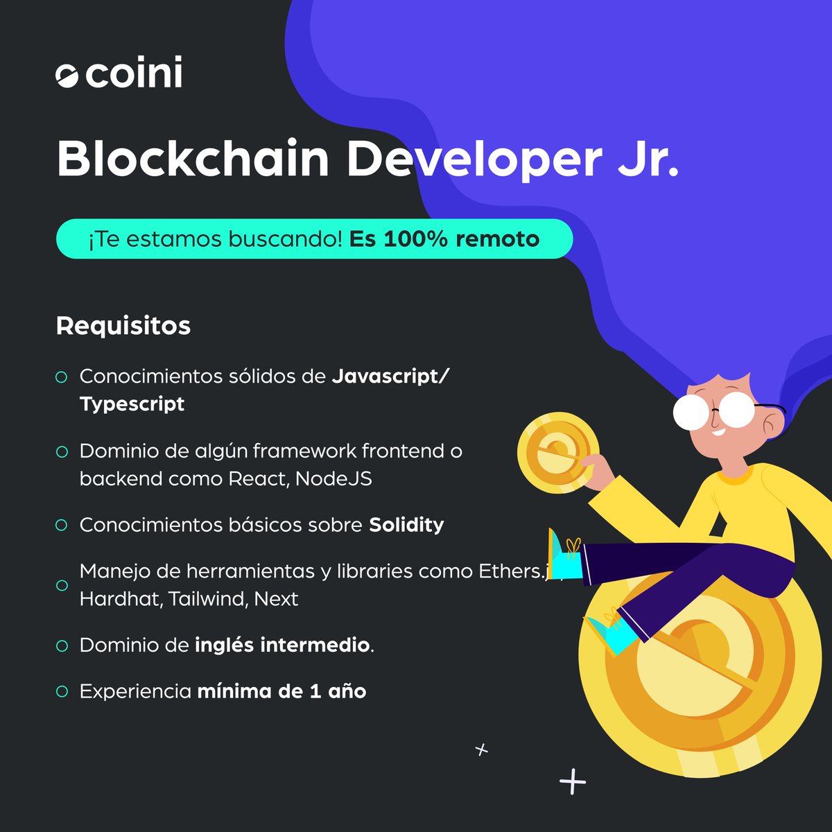 En Coini estamos buscando un(a) #Blockchain #Developer Jr. Para que se sume a nuestro equipo y nos ayude a seguir construyendo la solución para que los comercios de Latam acepten pagos con cripto. Pueden aplicar aquí: airtable.com/shrCGb0T6mLOn9… .Si tienen alguna consulta al MP. 🦾
