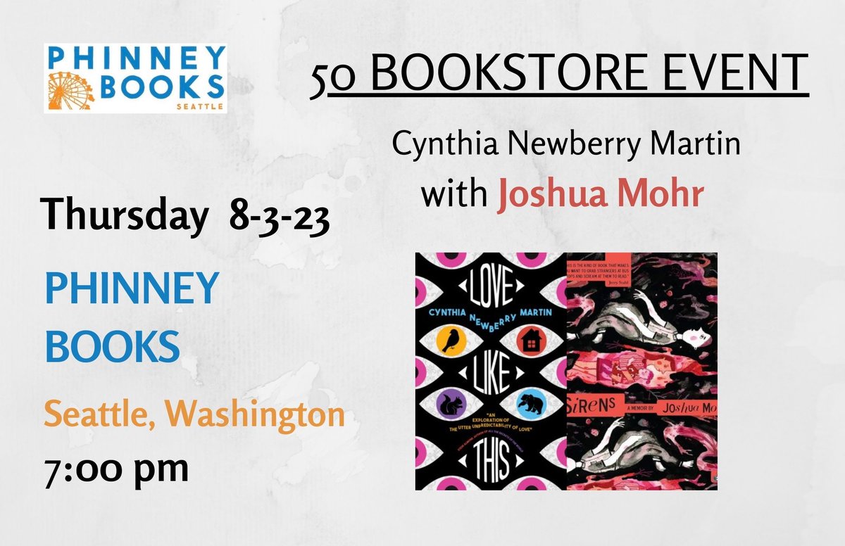 Seattle!!! 3 weeks from today. Many thanks to @PhinneyBooks for hosting. #independentbookstoresrock Come say hello and see what these 2 books have in common. #booksconnectus #50bookstores #Washington