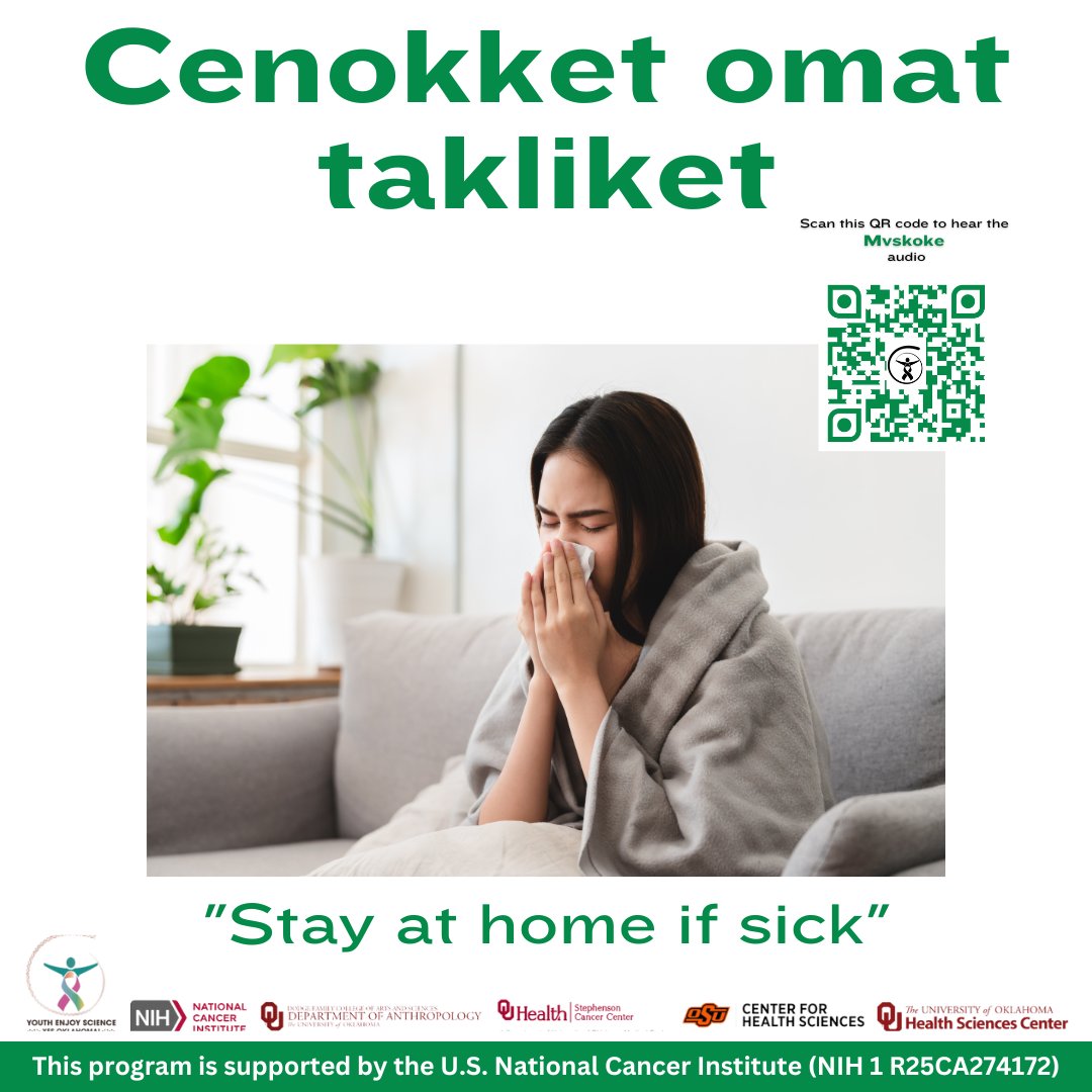 YES Oklahoma (Youth Enjoy Science) (@yes_oklahoma) on Twitter photo Not feeling well? Stay at home! Scan the QR code to hear the Mvskoke audio spoken by OU graduate Karlie Ryal, M.A. (Muscogee) or follow this link: on.soundcloud.com/2V5Zo Not feeling well? Stay at home! Scan the QR code to hear the Mvskoke audio spoken by OU graduate Karlie Ryal, M.A. (Muscogee) or follow this link: on.soundcloud.com/2V5Zo