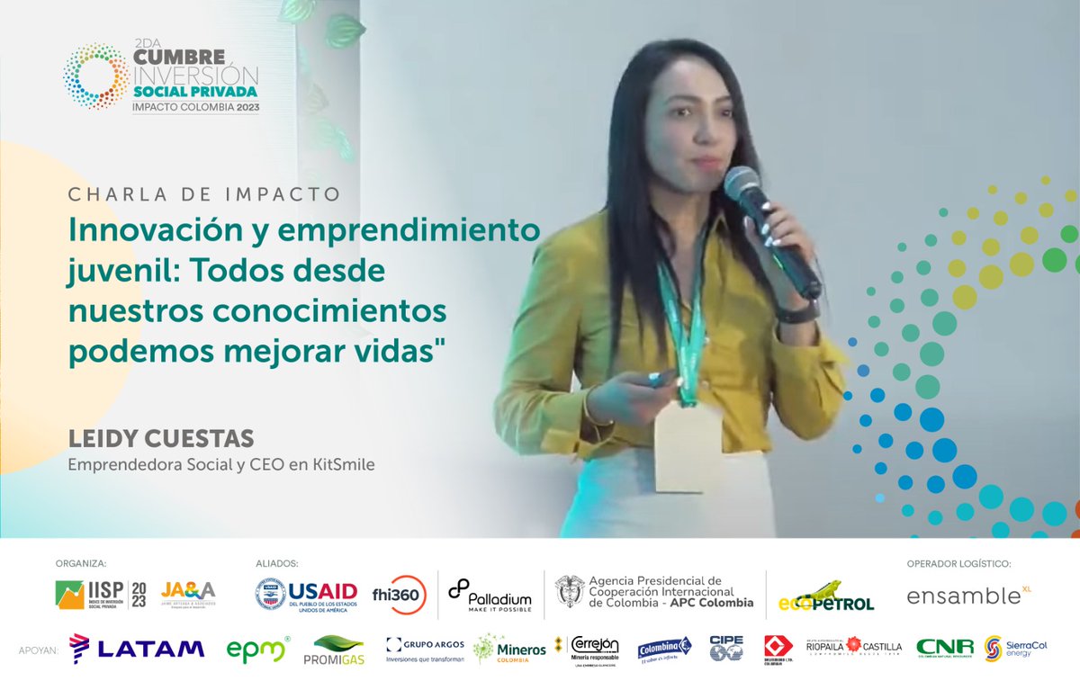 Arteaga_Latam's tweet photo. #CumbreISP2023 
Inicia la #CharlaDeImpacto con Leidy Cuestas, emprendedora social y CEO de @KitSmile, un modelo de innovación social que impacta a la comunidad de niños con parálisis cerebral en Colombia. 🇨🇴 🟢https://t.co/YRZeubGrnt https://t.co/9k0q3nc8Q0