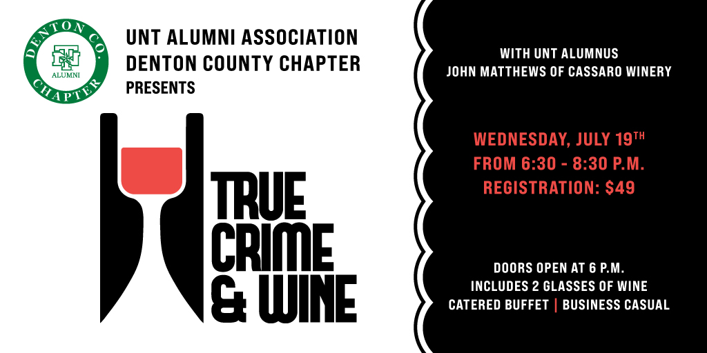UNTAlumniAssoc's tweet photo. ❗Denton alumni❗

Join us for True Crime and Wine, an immersive experience with #UNT alumnus John Matthews that takes a behind-the-scenes look at his role in the arrest of Dallas’ most notorious serial murderer, the Eyeball Killer.

Info and registration: https://t.co/SLUrYfutei https://t.co/U1u4IwETpK