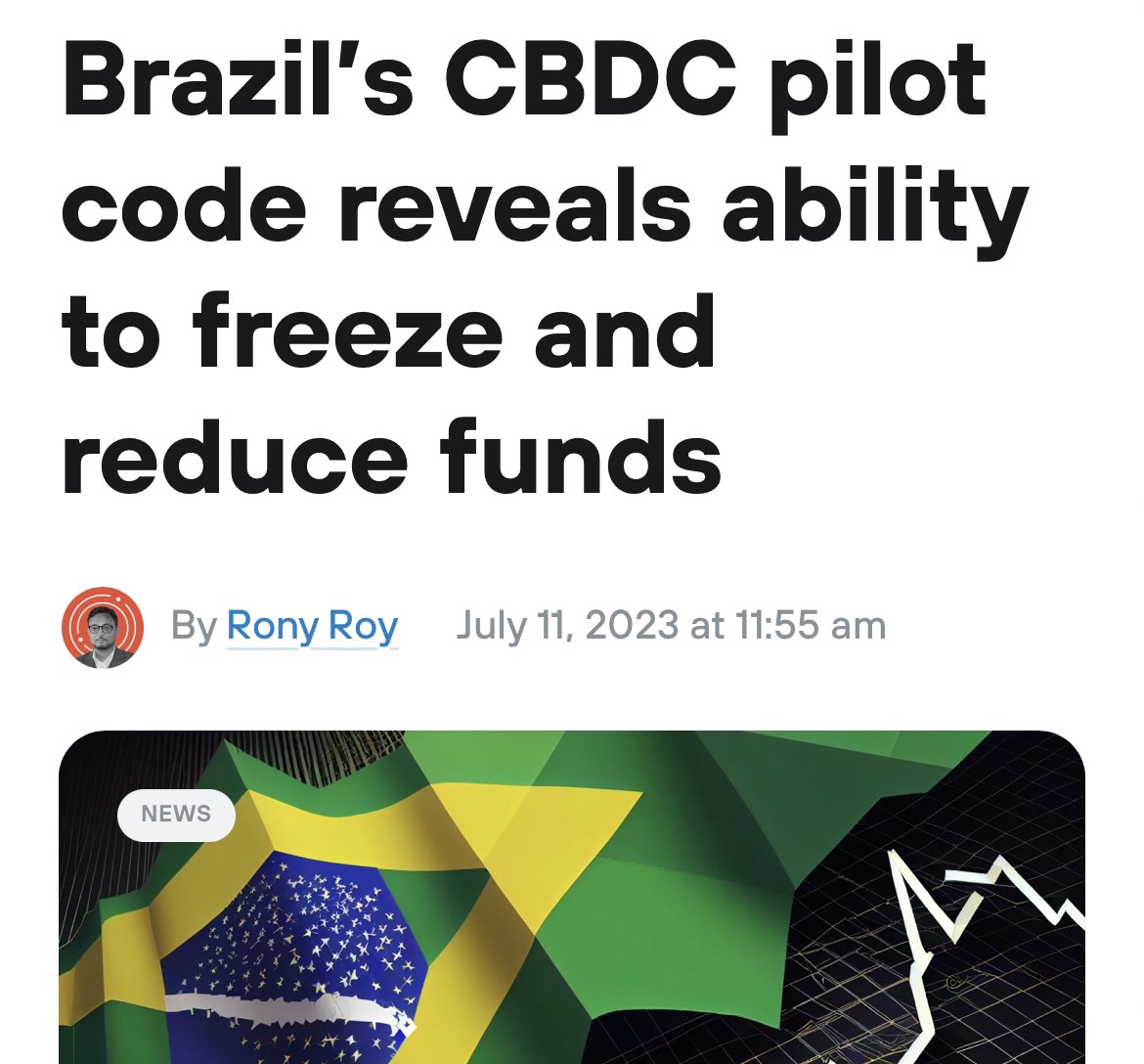 WallStreetMav's tweet photo. Blockchain developer Pedro Magalhães claims that he has successfully reverse-engineered the source code of Brazil’s pilot central bank digital currency (CBDC). 

He revealed the existence of functions that empower a central authority to freeze funds or reduce balances. https://t.co/J34wgBJW5o