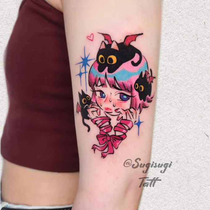 Anxious girl and some black cats  
