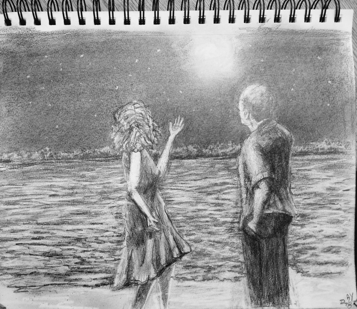 Bella luna on the Causeway  9x12  graphite  on paper #TAMPABAY #Florida #Floridamoon #floridabeach