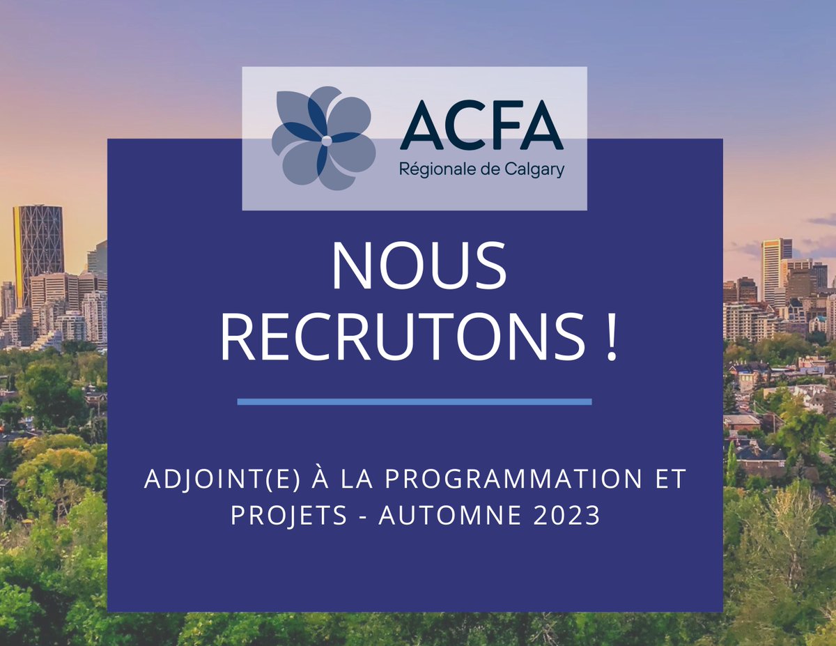Nous recrutons un(e) « Adjoint(e) à la programmation et projets- Automne 2023!
Poste à temps plein Jusqu’à 16 semaines entre le 1er Septembre et le 22 Decembre 2023;
Avoir entre 16 et 30 ans au moment de commencer l’emploi; 
Pour postuler : lnkd.in/g86AyP7h
#frab