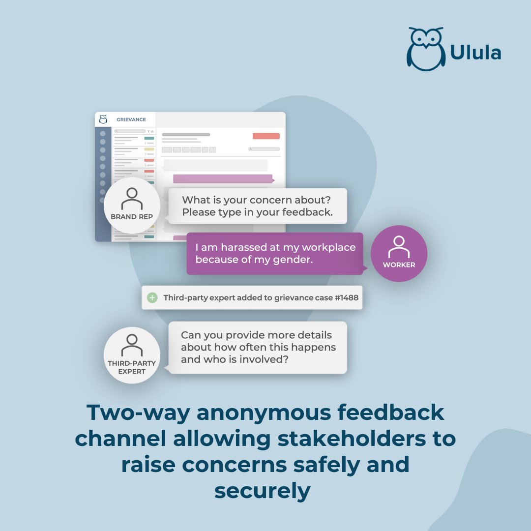 Ulula4good's tweet photo. A grievance mechanism is a tool that allows stakeholders to submit complaints through safe and secure channels and effectively flag strategic and/or sensitive issues on the ground.

Ulula has developed a digital solution to empower workers.

Learn more: https://t.co/OPWJ4nj5T5 https://t.co/A7yGcfwKNd