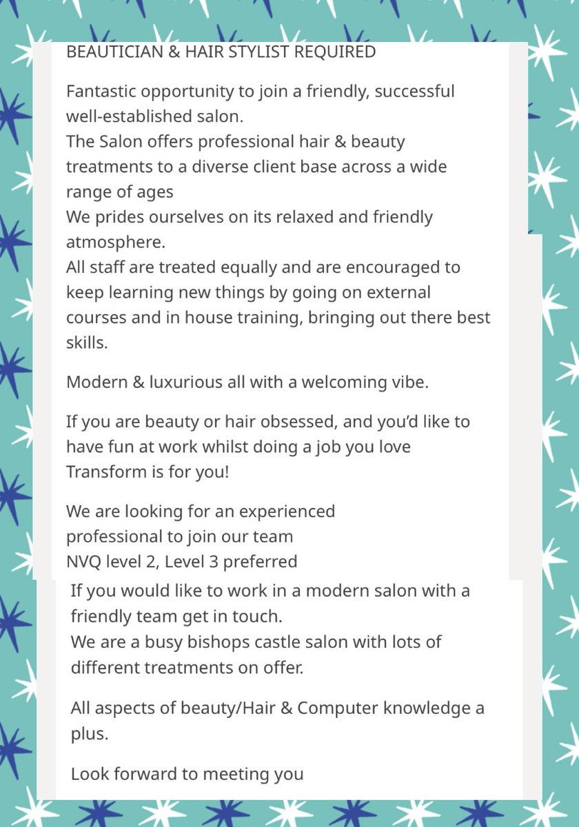 shspeke's tweet photo. #beauty #job #vacancy #bishopscastle https://t.co/EbJYX7iuVo